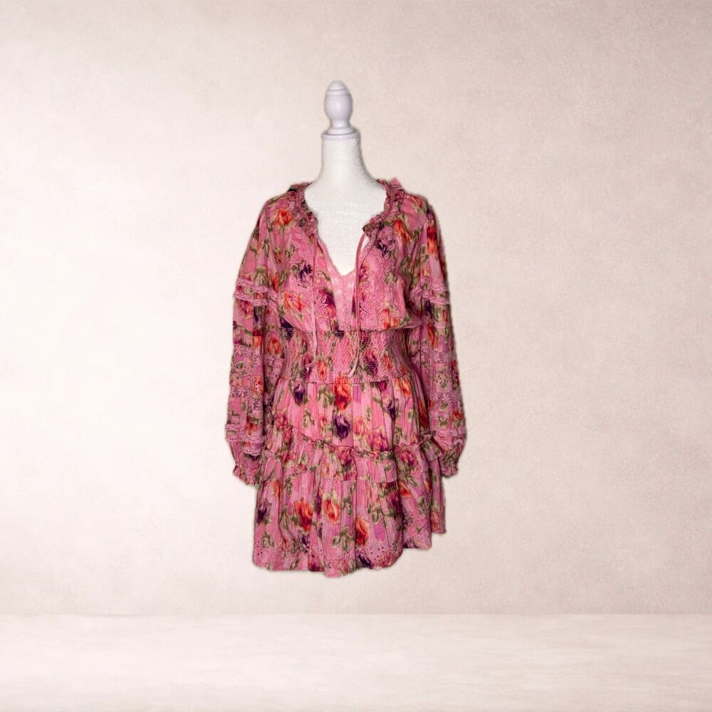 Love Shack Fancy Pink Floral 100% Cotton Mini Dress Size Large (Fits Medium)